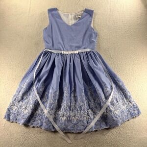 Rare Editions Dress Womens‎ 16 Blue White Embroidered Gingham Eyelet Ribbon Bow